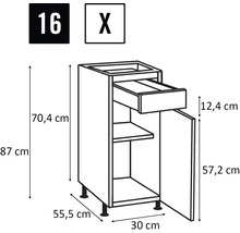Nákres spodnej skrinky so zásuvkou, dvierkami, policou a rozmermi