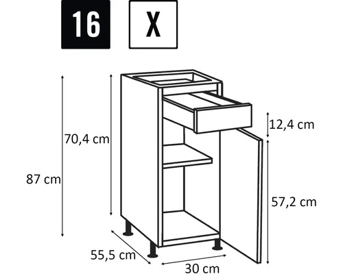 Nákres spodnej skrinky so zásuvkou, dvierkami, policou a rozmermi