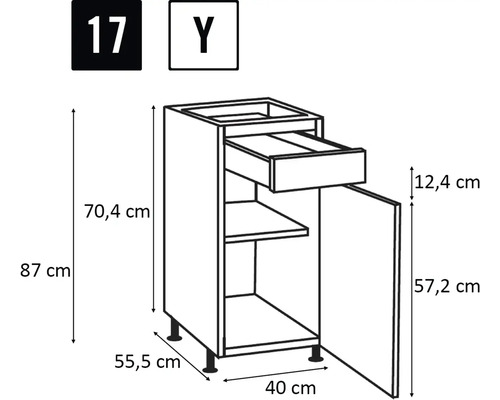 Technický nákres spodnej skrinky so zásuvkou a dvierkami vrátane rozmerov