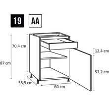 Technický nákres kuchynskej spodnej skrinky so zásuvkou a dvierkami, vrátane rozmerov
