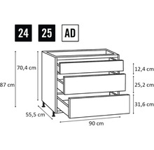 Technický nákres spodnej skrinky s tromi zásuvkami a rozmermi.