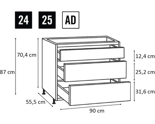 Technický nákres spodnej skrinky s tromi zásuvkami a rozmermi.