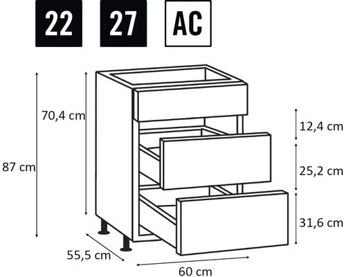 Skrinka s tromi zásuvkami, rozmery 60 x 55,5 x 87 cm