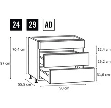 Nákres spodnej kuchynskej skrinky so zásuvkami a rozmermi