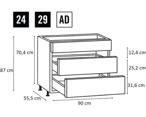 Nákres spodnej kuchynskej skrinky so zásuvkami a rozmermi