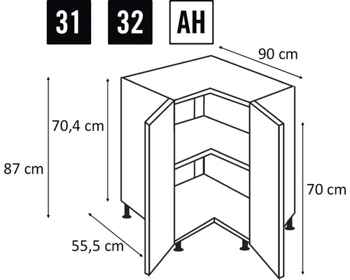 Technický nákres rohovej spodnej skrinky s rozmermi