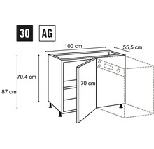 Technický nákres spodnej kuchynskej skrinky s rozmermi.