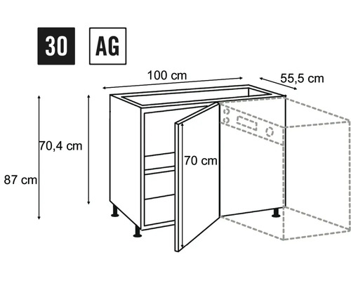 Technický nákres spodnej kuchynskej skrinky s rozmermi.
