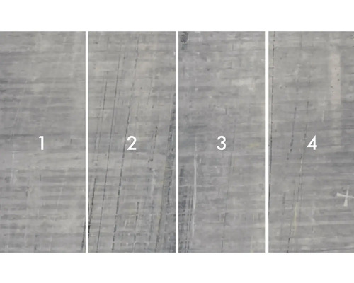 Detailný záber štyroch betónových dosiek s rôznymi povrchovými štruktúrami