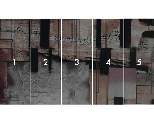 Viacdielna abstraktná nástenná maľba s geometrickými tvarmi a štruktúrami