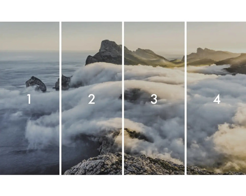 Štvordielna nástenná maľba s horskou krajinou v hmle