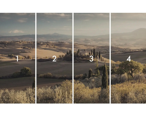 Štvordielny záber krajiny s toskánskou krajinou