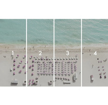 Štyri pohľady na pláž s klesajúcou hustotou slnečníkov a ležadiel.