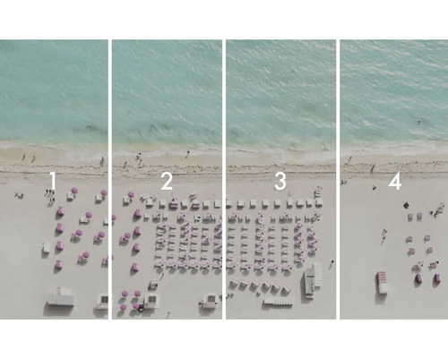 Štyri pohľady na pláž s klesajúcou hustotou slnečníkov a ležadiel.