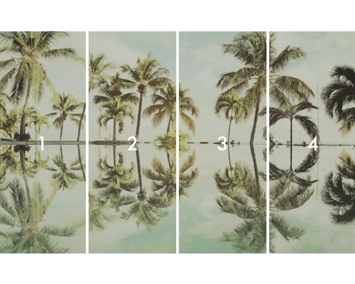 Štvordielna fototapeta s motívmi paliem a odrazom vo vode.