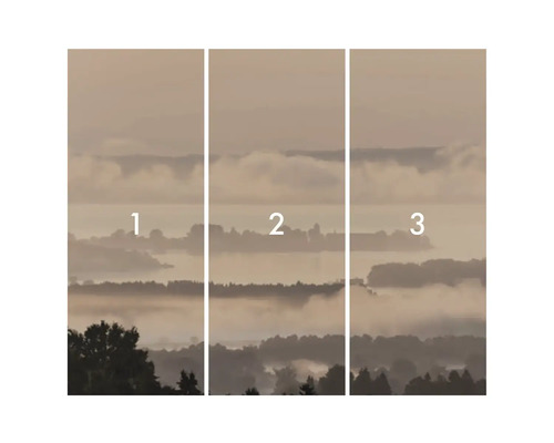 Vliesová tapeta s motívom hmlovitej krajiny, pozostávajúca z troch častí