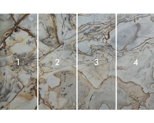 Štyri rôzne vzory dlaždíc s mramorovým vzhľadom.