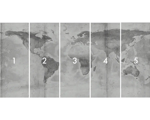 Nástenná maľba s mapou sveta, pozostávajúca z piatich častí