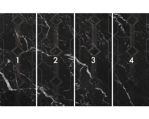 Vliesová tapeta so štruktúrou mramoru a geometrickými vzormi, štyri pruhy vedľa seba.