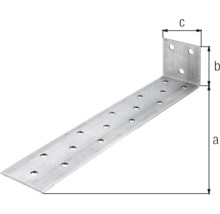 Rohový spojovací prvok z kovu s otvormi a rozmermi a, b a c.