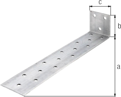 Rohový spojovací prvok z kovu s otvormi a rozmermi a, b a c.