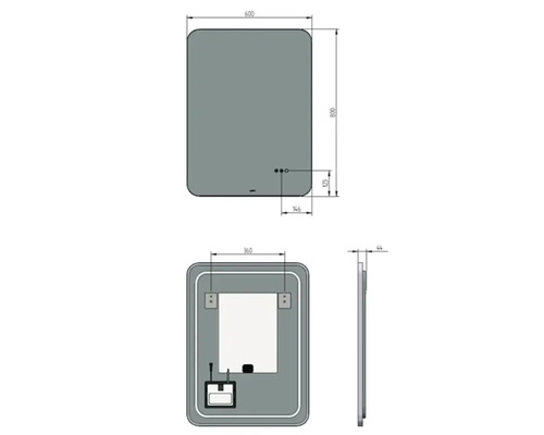 Technický nákres obdĺžnikového zrkadla so zaoblenými rohmi s rozmermi 600 x 800 mm.
