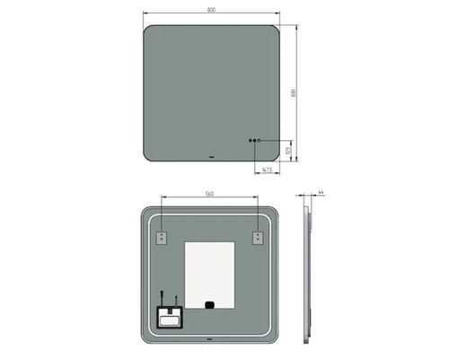 Technický nákres zrkadla s rozmermi 800 x 800 mm.
