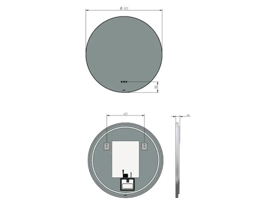 Technický nákres okrúhleho zrkadla s rozmermi 800 mm v priemere a 44 mm hĺbky