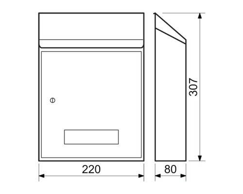 Technický nákres poštovej schránky s rozmermi