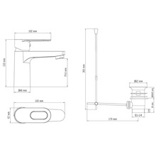 Technický nákres umývadlovej batérie s rozmermi