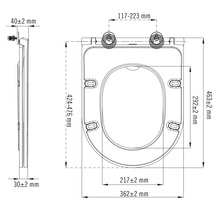 Technický nákres WC sedadla s rozmermi.