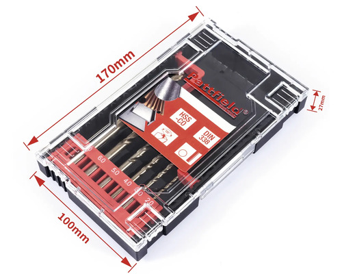 Sada vrtákov s rôznymi vrtákmi v priehľadnej plastovej krabičke značky Rattfield
