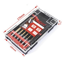 Sada vrtákov v priehľadnej plastovej krabičke s údajmi o veľkosti