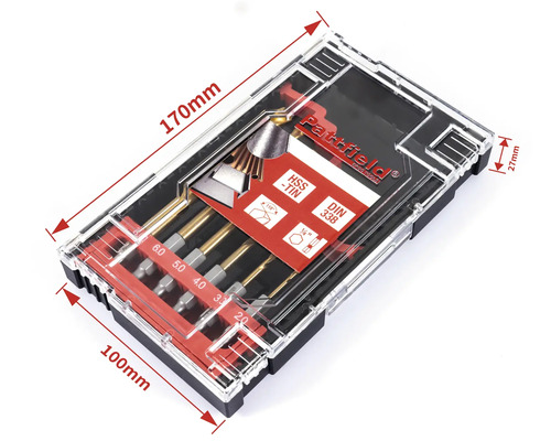 Sada vrtákov v priehľadnej plastovej krabičke s údajmi o veľkosti