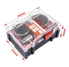 Sada dierovacích píl Partfield v priehľadnej krabičke s uvedením rozmerov