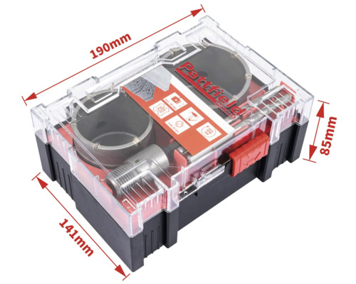 Sada dierovacích píl Partfield v priehľadnej krabičke s uvedením rozmerov