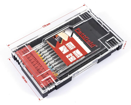 Sada pílových listov Pattfield v priehľadnej krabičke s rozmermi 170 mm x 100 mm x 27 mm