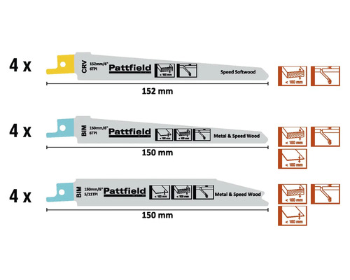 Sada pílových listov Pattfield na drevo a kov, rôzne veľkosti, 12 kusov