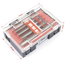 Sada vrtákov v priehľadnej plastovej krabičke s rozmermi 170 mm x 70 mm x 35 mm.
