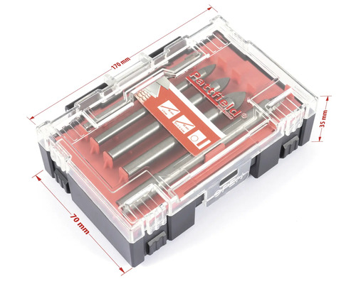 Sada vrtákov v priehľadnej plastovej krabičke s rozmermi 170 mm x 70 mm x 35 mm.