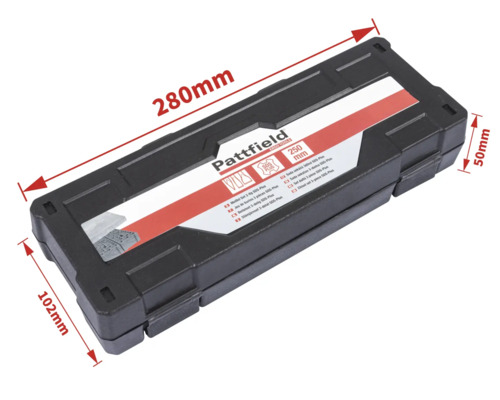 Kufrík na náradie Pattfield so súpravou sekáčov, šírka 280 milimetrov, výška 102 milimetrov a hĺbka 50 milimetrov