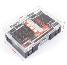 Sada bitov Pattfield s rôznymi bitmi skrutkovačov v priehľadnom plastovom puzdre s uvedením veľkostí