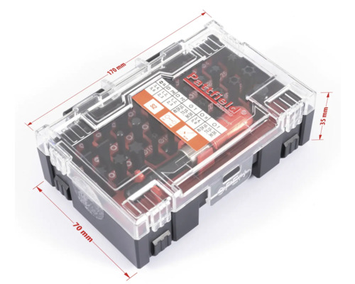 Sada bitov Pattfield s rôznymi bitmi skrutkovačov v priehľadnom plastovom puzdre s uvedením veľkostí