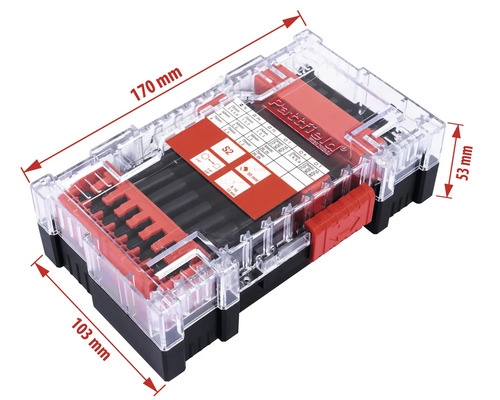 Sada bitov Partfield v priehľadnej plastovej krabičke s údajmi o veľkosti