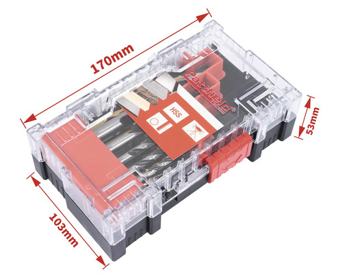 Sada vrtákov v priehľadnej krabičke s uvedením veľkostí