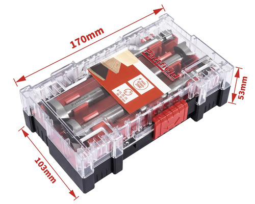 Sada Forstnerových vrtákov Pattfield s rôznymi veľkosťami v priehľadnej krabičke s rozmermi