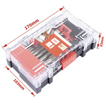 Sada závitníkov a kruhových závitníkov Partfield v priehľadnom plastovom puzdre s rozmermi 170 mm x 103 mm x 53 mm.
