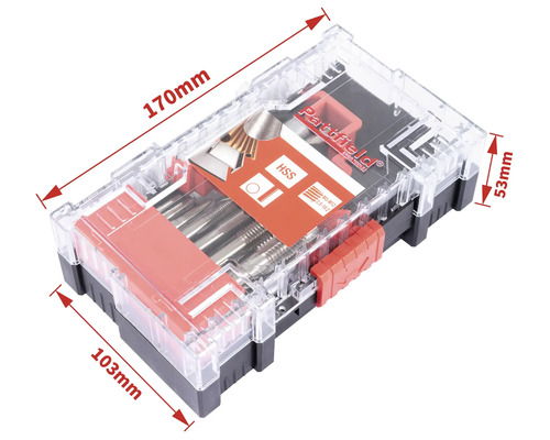 Sada závitníkov a kruhových závitníkov Partfield v priehľadnom plastovom puzdre s rozmermi 170 mm x 103 mm x 53 mm.