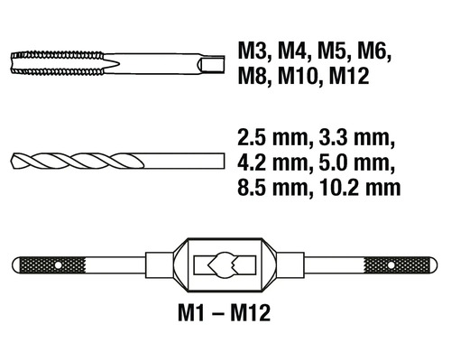 Závitník M3, M4, M5, M6, M8, M10, M12 s vrtákmi 2,5 mm, 3,3 mm, 4,2 mm, 5,0 mm, 8,5 mm, 10,2 mm a vratidlo na závitníky M1 až M12