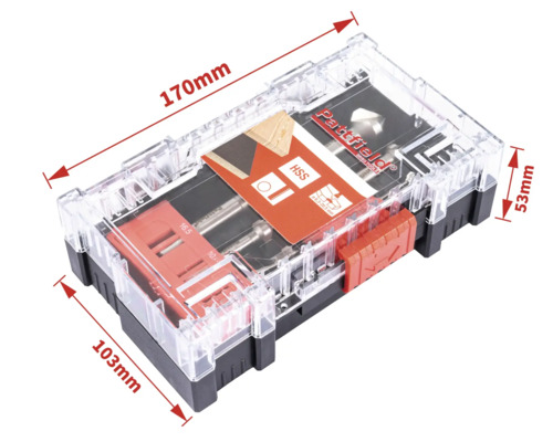 Sada vrtákov Pattfield v priehľadnej plastovej krabičke s uvedením veľkostí